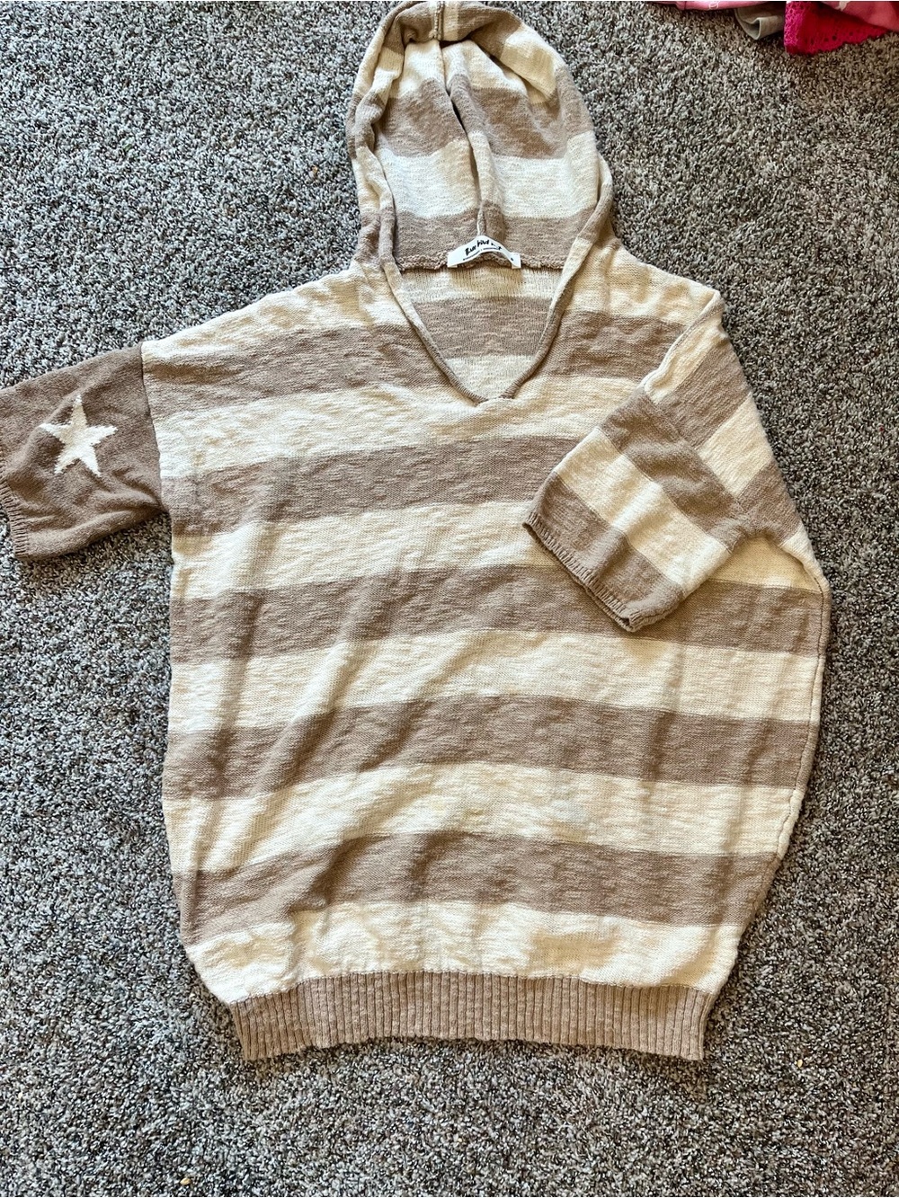 Three Bird Nest Striped V-Neck Hoodie in Beige and Cream